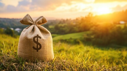 Money Bag on Grass in Serene Landscape at Sunset