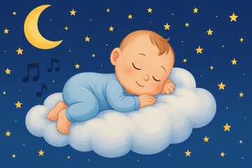 A cute baby is sleeping soundly on a fluffy cloud, surrounded by a night sky filled with stars and musical notes, creating a serene and magical atmosphere