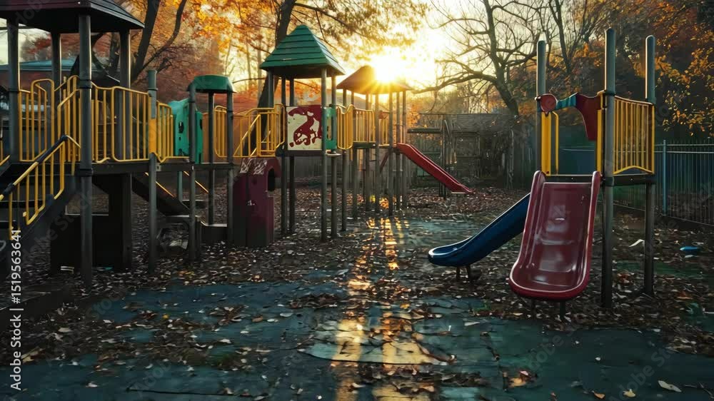 Poster autumn sunlight filters through trees on abandoned playground with slides.