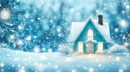 Charming house glowing warmly in snowy winter forest setting with falling snow and tall trees under evening sky
