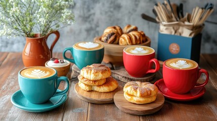 Cozy Coffee Setup with Pastries, Beautiful Coffee Art, Natural Light