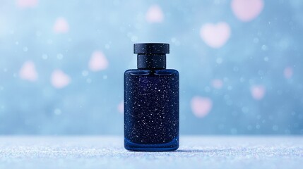 Elegant dark blue perfume bottle with glitter on a snowy, bokeh background with pink hearts.  Perfect for Valentine's Day, romantic, or winter fragrance advertising.