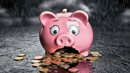 Piggy bank overflowing with coins under rainy weather conditions