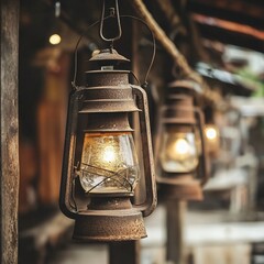 Vintage lanterns illuminating a historic pathway traditional market photography rustic setting close-up view celebrating heritage and warmth