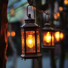 Vintage lanterns illuminating the evening streets serene atmosphere photostock collection enchanting lantern display nighttime serenity