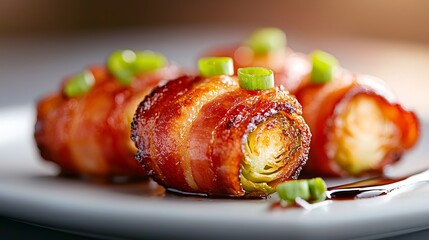 Delicious Bacon Wrapped Brussels Sprouts Appetizer. Gourmet food photography for restaurant menus, cookbooks, and food blogs.