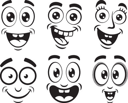 Six funny cartoon faces expressions black white