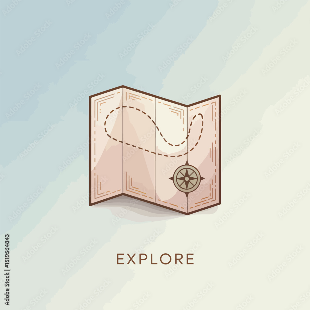Poster vector illustration of a vintage folded map with a compass and dotted path representing exploration 