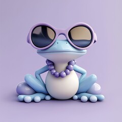 A cute, stylish frog character wearing oversized sunglasses and a beaded necklace, posed confidently against a soft purple background.
