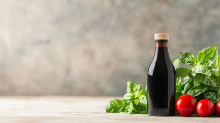 Balsamic Vinegar Bottle with Tomatoes and Basil