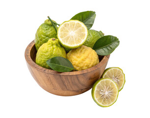 A whole and slices of bergamot with leaves in a wooden bowl isolated on a transparent background png