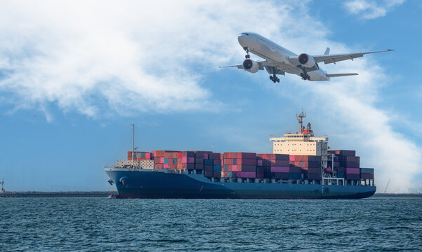 Cargo shipping containers through calm ocean capacity of maritime logistics to move goods worldwide commercial airplane modern global commerce transport before reaching their final destination.