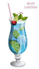Blue Lagoon Cocktail in Hurricane Glass with Lime, Cherry & Mint Garnish. Isolated Refreshing Summer Drink Detailed Illustration