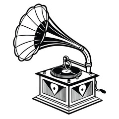 Antique Gramophone with Large Horn and Intricate Base Artwork Illustration