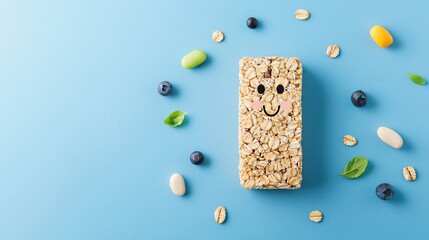 Top view of a granola bar decorated with a smiling face, surrounded by blueberries, oats, and candied fruits on a blue background.  Healthy snack, breakfast concept.