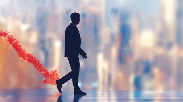 A man walks past a red arrow pointing down. Concept of decline or failure, as the man is walking away from the downward trend represented by the arrow
