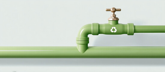 Green water pipe with valve and recycling symbol representing eco friendly sustainable energy concept