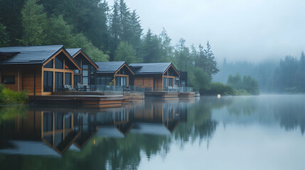 Lake Cabins Serene Waterfront Retreat in Misty Woods Contemporary Wooden Houses Reflecting on Calm Lake Water Peaceful Vacation Destination