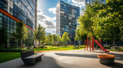 Urban Oasis Modern Buildings Lush Green Park with Playground and Bench Sunny Day Architecture Landscape