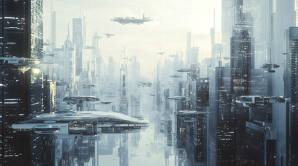Futuristic Cityscape with Flying Vehicles Modern Metropolis Digital Art