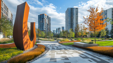 Urban Park Art Installation Modern Buildings and Autumn Foliage at Embassy Gardens London