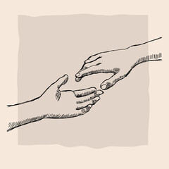 Two Reaching Hands – Line Art Sketch on Beige Background