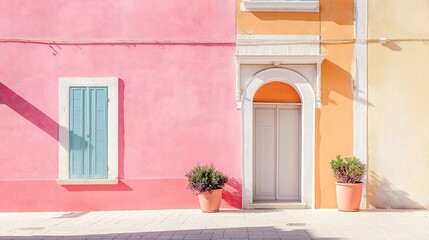 Fototapeta premium Pastel-toned building with clean lines, a minimalist urban view. Serene simplicity in soft daylight.