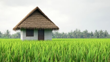 Small, thatch-roofed building stands in a bright green, lush field with cloudy sky above