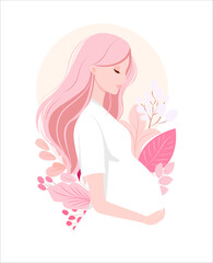 Pregnant woman with long pink hair in white dress surrounded by soft pink leaves and flowers in minimal pastel illustration
