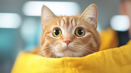 Adorable ginger cat peeking from a yellow hoodie.  Perfect for pet, animal, and comfort themes.