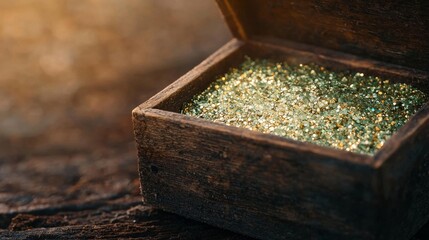 Open wooden treasure chest overflowing with glittering gold. Concept of wealth, riches, success, prosperity, and fortune.