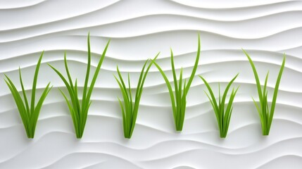 Rows of verdant green blades against a textured white wavy background