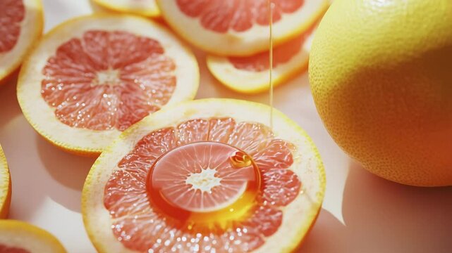A close up of a grapefruit with a drop of oil on it. The grapefruit is surrounded by other grapefruit slices