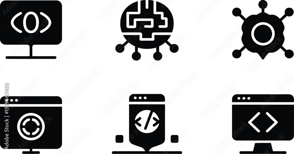 Poster six black icons representing technology and programming on a white background in a vector format