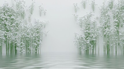 Ethereal, pale green floral bushes mirrored in a glassy water surface against pale background