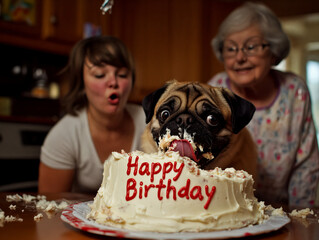 Adorable pug messily enjoying a birthday cake while family members laugh in the background. A hilarious and heartwarming celebration scene perfect for pet-themed content and joyful moments.
