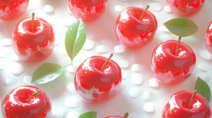 Glossy red apples with small leaves scattered among smooth white pebbles, lit softly