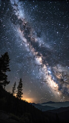 Fototapeta premium Breathtaking night sky displaying the milky way galaxy over forested mountains at dusk