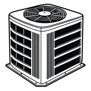 Illustration of an outdoor air conditioning unit with fan and louvers