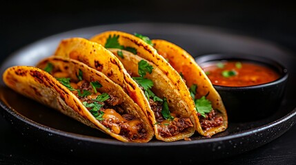 Close up of three delicious tacos with seasoned ground beef, cheese, and cilantro, served with a side of vibrant salsa.  Perfect for food blogs, restaurant menus, or culinary websites.