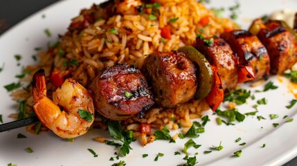 Grilled Shrimp and Sausage Skewers with Cajun Rice, A flavorful and visually appealing dish perfect for restaurant menus or food blogs.