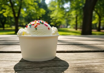 Creamy vanilla ice cream with colorful sprinkles in a white cup placed on a rustic wooden table in a sunny park setting surrounded by lush greenery