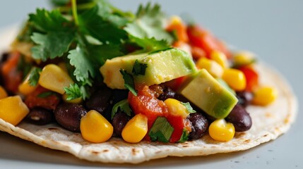 Close up of a delicious taco with corn, black beans, avocado, and cilantro.  Healthy, vegetarian, and flavorful Mexican food.