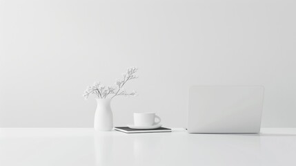 Clean and Minimalist White Workspace with Laptop, Coffee Cup, and Flowers. Concept of productivity, simplicity, and modern office.