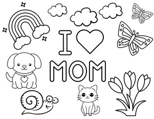 I love mom coloring page with outline of super cute summer & spring elements; easy to print us size design perfect as a children activity on bad weather day