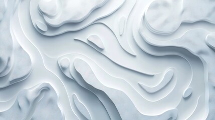 Abstract white topographic-like landscape with layered, curved, flowing formations