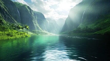 Lush green valley with steep mountainsides and waterfalls flowing into a turquoise lake