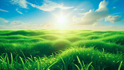 Sunny morning over green hills. A vibrant natural landscape with lush grass and bright skies. For eco product ads, wellness visuals, backgrounds, travel and nature-themed designs