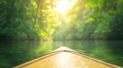 Kayaking adventure in a tropical jungle river.  Sunlight filters through the dense foliage, creating a serene and adventurous atmosphere.