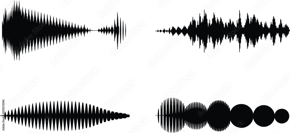 Poster four black sound wave visualizations displayed on a white background in a horizontal arrangement